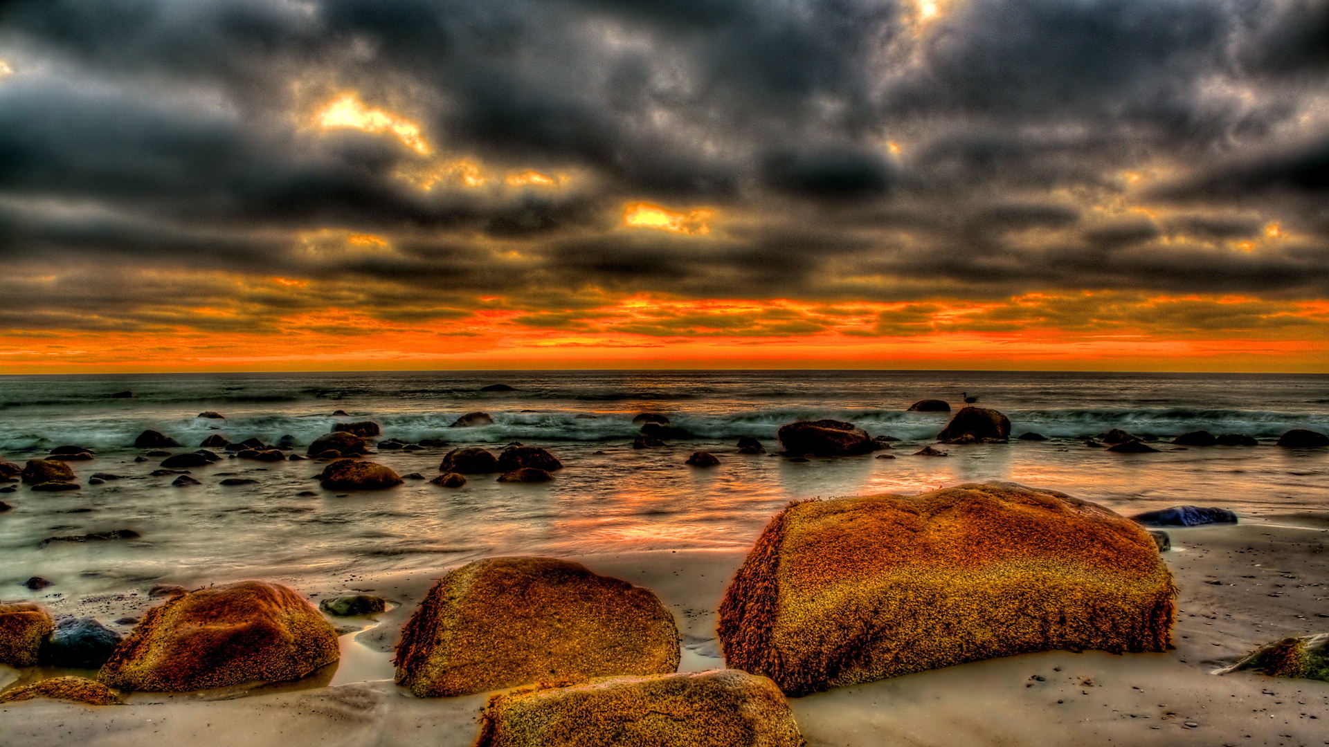 Beautiful Beach Strewn With Rocks At Sunset Hdr HD Desktop Background
